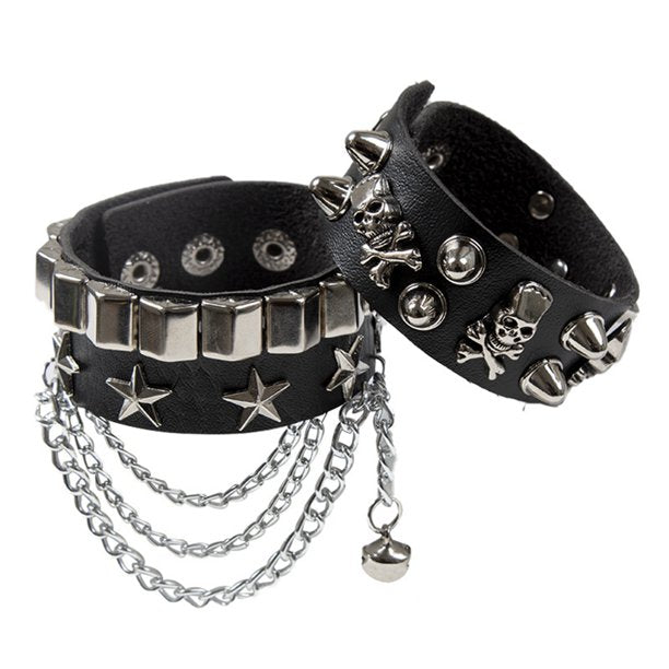 2 Pcs Leather Punk Bracelets for Men Women of Rock Rivet Wrap Retro Spike Bracelet Adjustable - Black