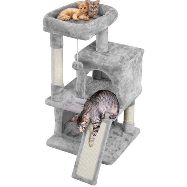 36'' H Cat Tree Tower House with Double Condos Scratching Posts Sisal Rope Furry Ball for Cats and Kittens, Light Gray