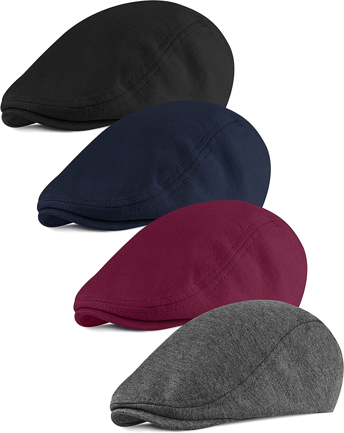 4 Piece Newsboy Men's Hat: Dark Grey-Navy Blue, Black, Wine