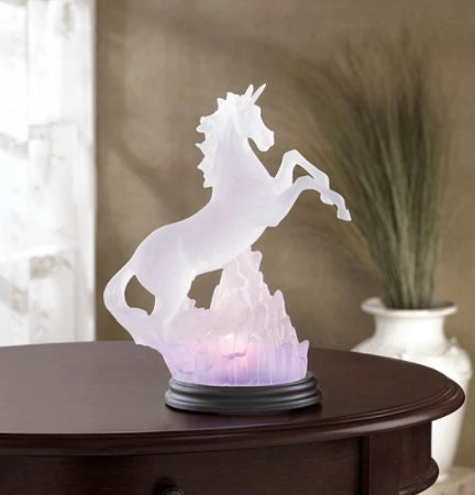 Frosted Unicorn Statue with Raibow Light, Carved Animal Figurine Collectible Night Lights