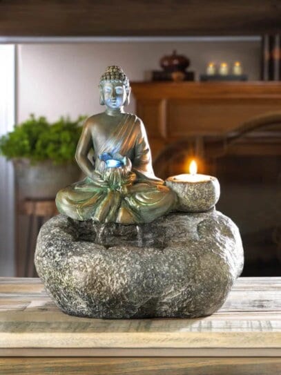 Buddha Tabletop Water Fountain with Tea light Candle Holder and Lotus Flower LED Bulb 10.2"