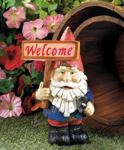 Funny Gnome Solar Garden Statue with Welcome Sign, Yard Patio Decoration Resin