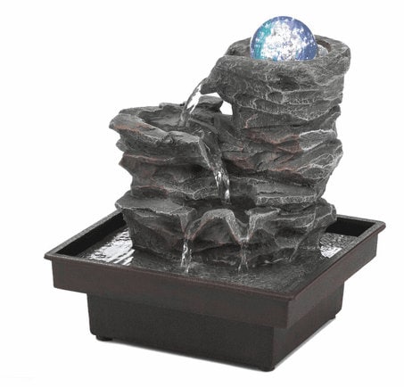 Water Fountain with Glass Orb On Rocks & LED Lights Tabletop Decor, Zen Indoor Fountain 10.5"