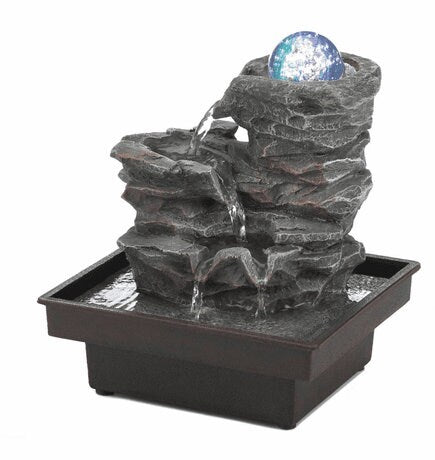 Water Fountain with Glass Orb On Rocks & LED Lights Tabletop Decor, Zen Indoor Fountain 10.5"