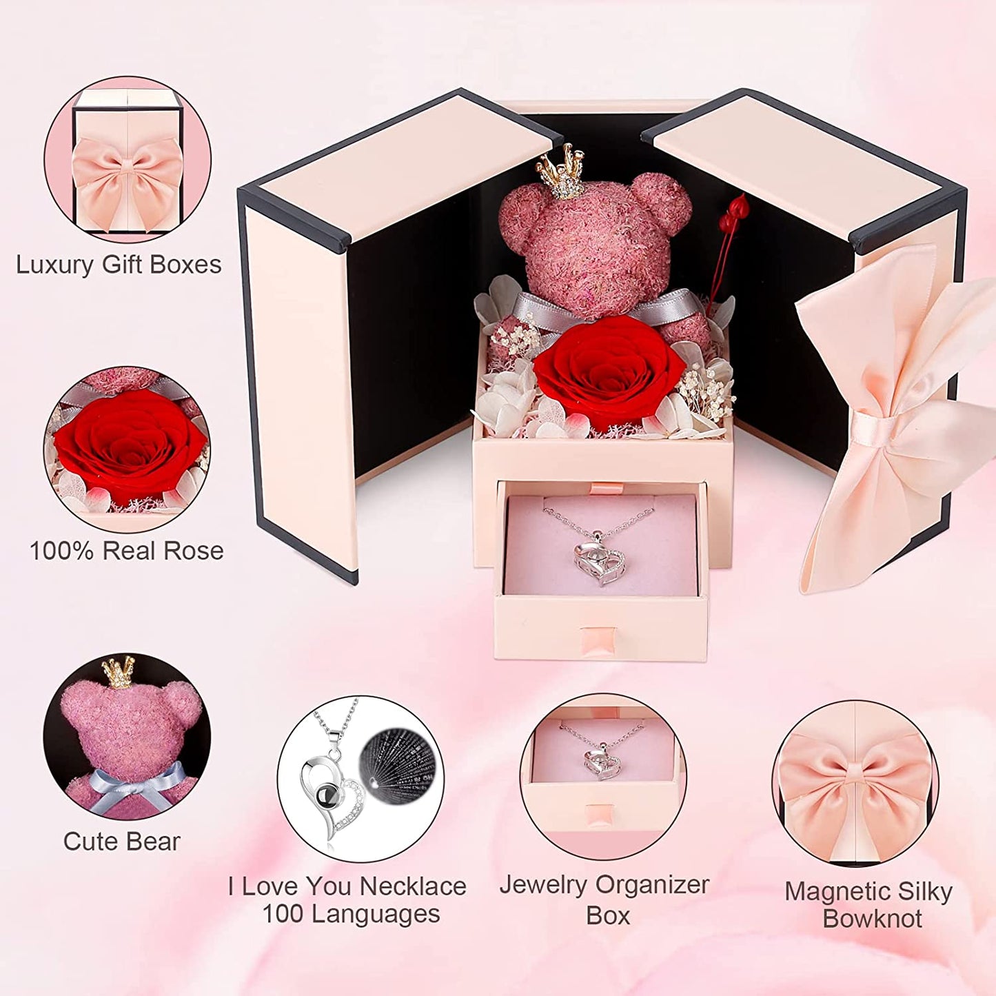 Valentines Day Gifts for Her Cute Preserved Real Red Rose Bear Gifts Box w/ I Love You Necklace