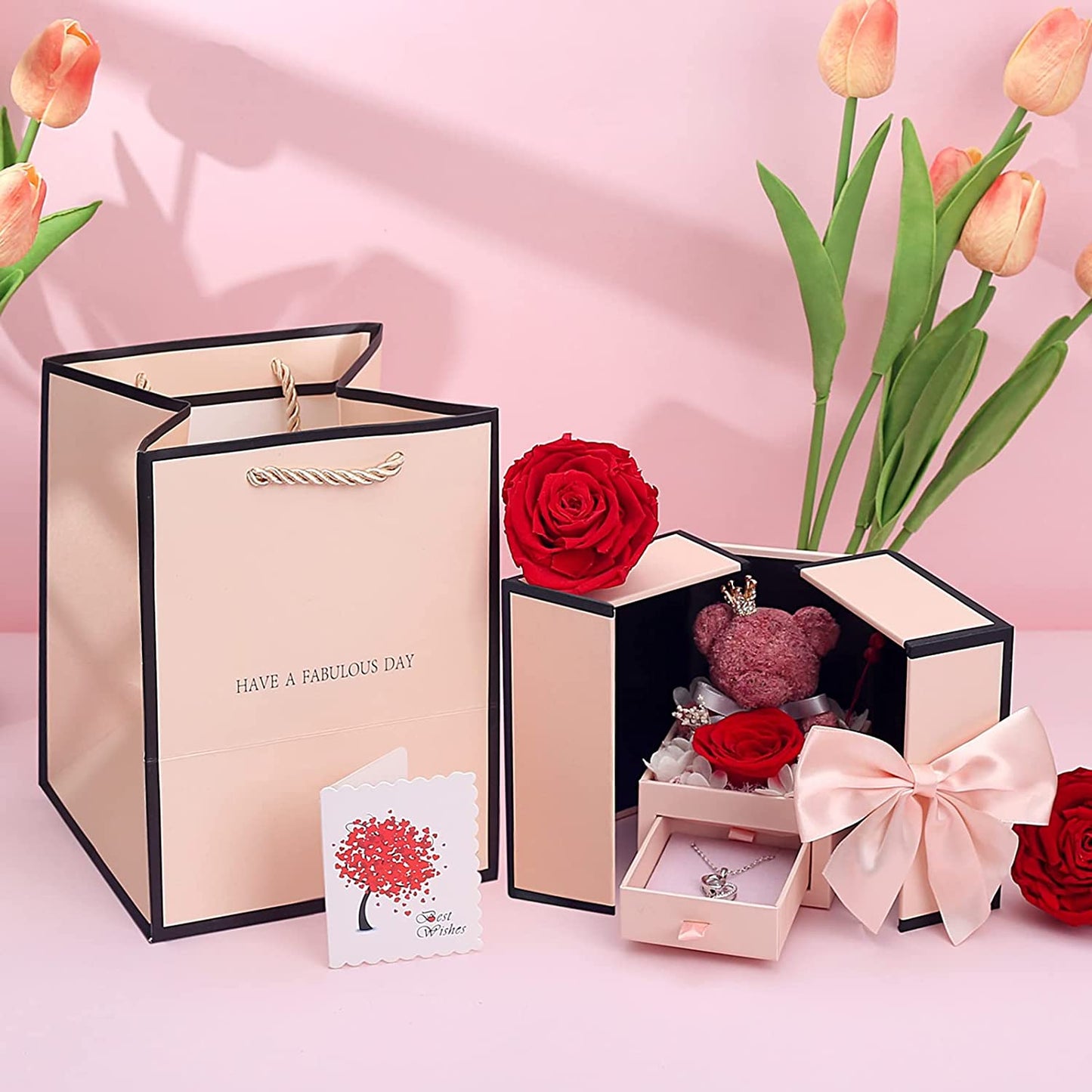 Valentines Day Gifts for Her Cute Preserved Real Red Rose Bear Gifts Box w/ I Love You Necklace