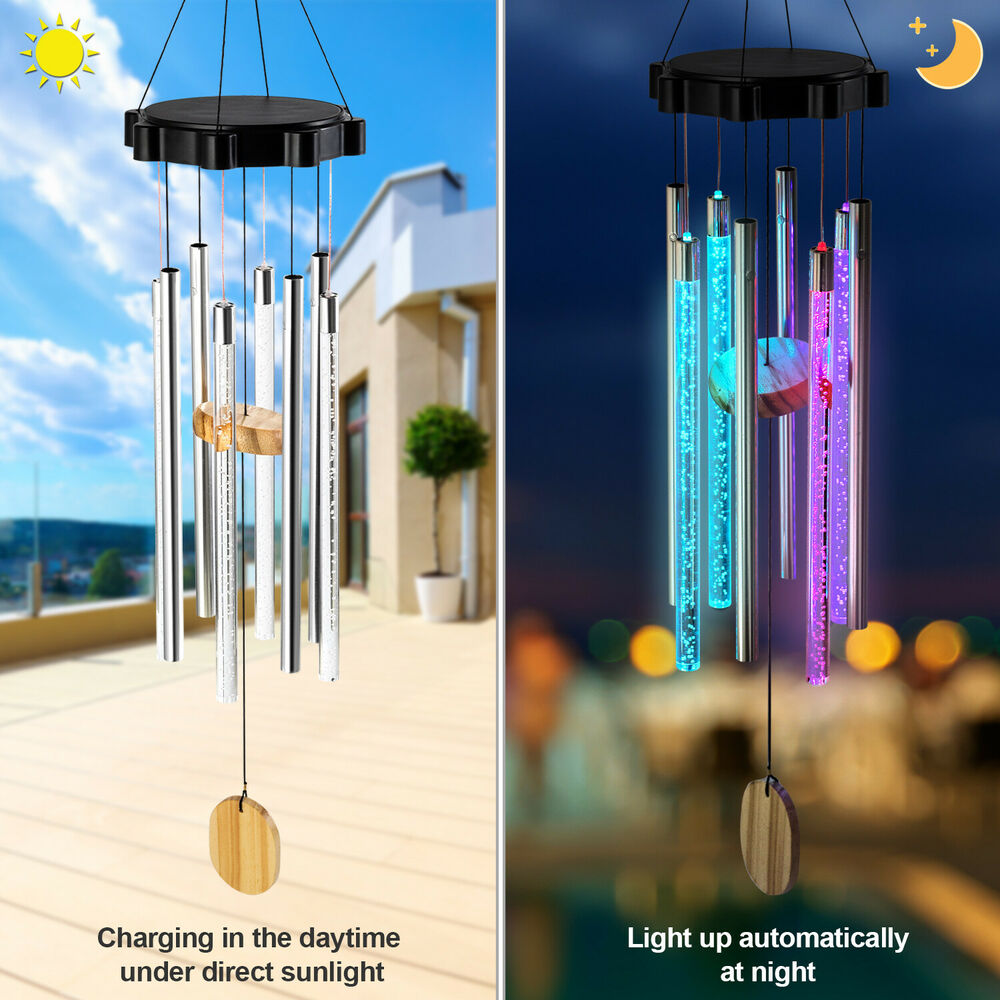 Color Changing Solar Wind Chimes LED Lights Large Deep Tone Resonant Bell Tubes