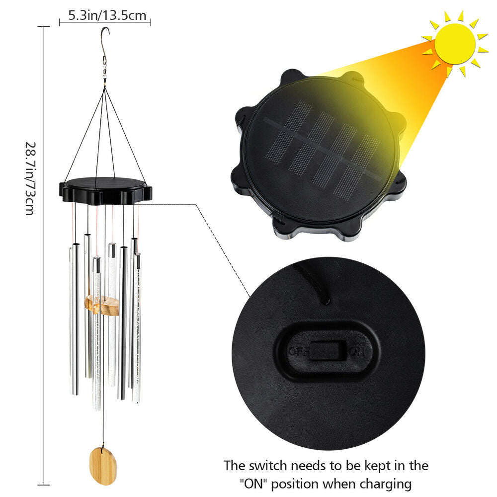 Color Changing Solar Wind Chimes LED Lights Large Deep Tone Resonant Bell Tubes