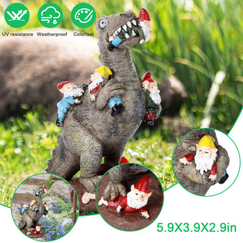 Dinosaur Eating Gnomes Statue Yard Art Resin Outdoor Garden Patio Decor Ornament