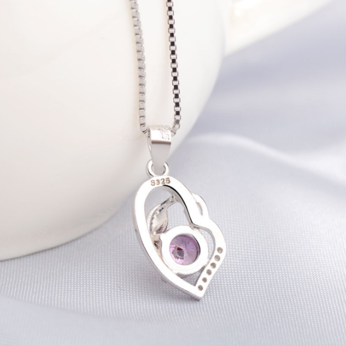 Sterling Silver Leaf Amethyst Heart Cubic Zirconia CZ Pendant Chain L11