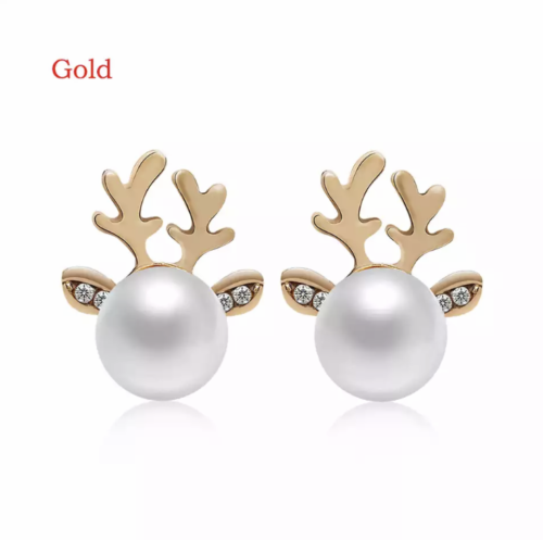 Women Fashion Jewelry Christmas Reindeer Rhinestone Pearl Earrings