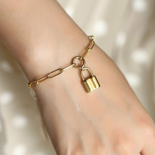 Womens Gold Stainless Steel Lock Charm Pendant Bracelet & Necklace Jewelry Set