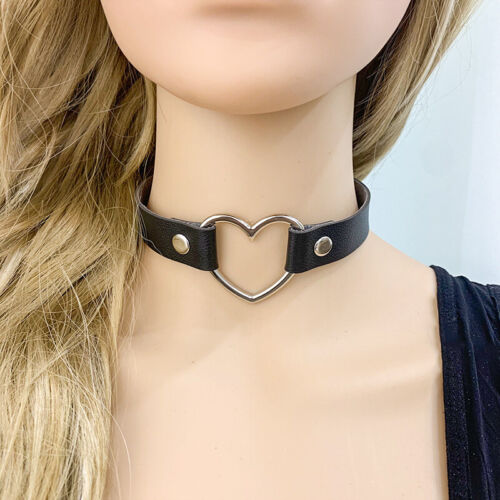 Leather Choker Necklace Adjustable Heart Chain Neck Collar Goth Punk Jewelry