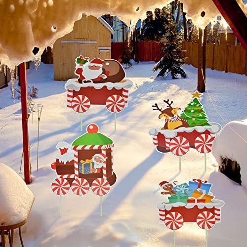 4 Pack Christmas Train Outdoor Lawn Yard Signs Stakes Xmas Outdoor Decorations