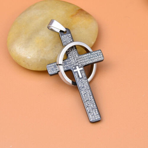 Men Stainless Steel Bible Lords Prayer Cross Pendant -Black
