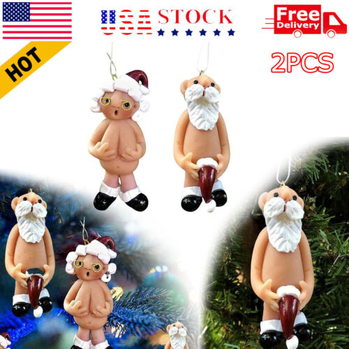 2PCS Resin Santa Claus Ornament Naked Santa Naughty Funny Christmas Tree Pendant