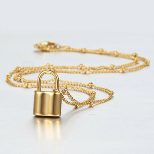 Womens Gold Stainless Steel Lock Charm Pendant Bracelet & Necklace Jewelry Set