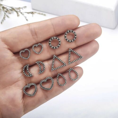 6Pairs Lotus Heart Wings Leaf Unique Design Vintage Small Stud Earrings