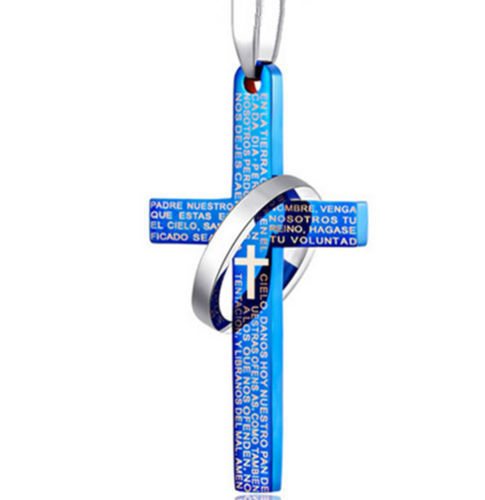 Men Stainless Steel Bible Lords Prayer Cross Pendant Charm Lucky Necklace-Blue