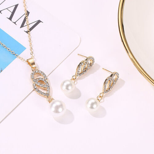 2 Pcs Pearl Rhinestone Crystal Peacock Themed Necklace & Earrings Jewelry Set