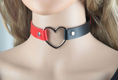 Leather Choker Necklace Adjustable Heart Chain Neck Collar Goth Punk Jewelry