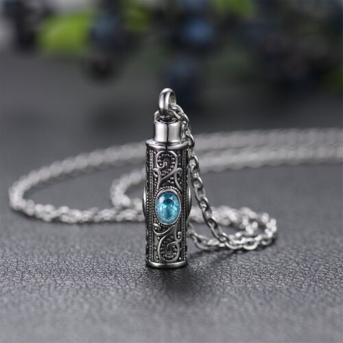 Embossed Cylinder Crystal Urn Necklace Ashes Keepsake Memorial Cremation Jewelry