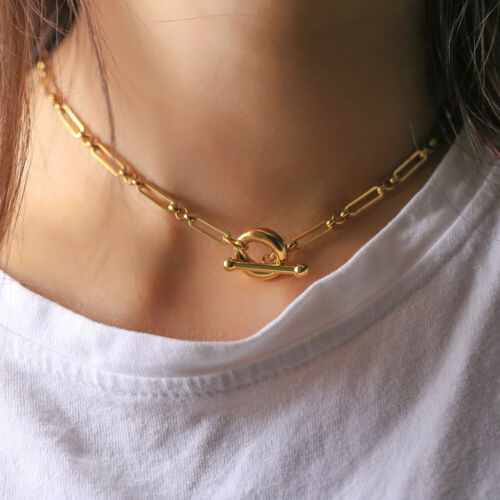 Womens Gold Cable Chain Choker Necklace Bracelet Jewelry Set Stainless Steel