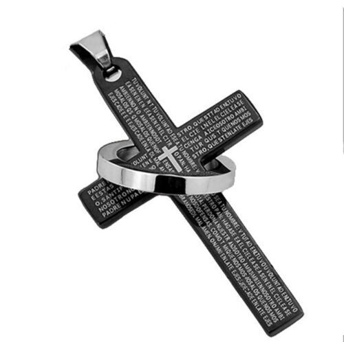 Men Stainless Steel Bible Lords Prayer Cross Pendant -Black