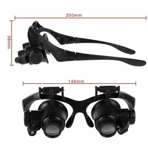 Double Eye Jewelry Watch Repair Magnifier Loupe Glasses With LED Light 8 Lens