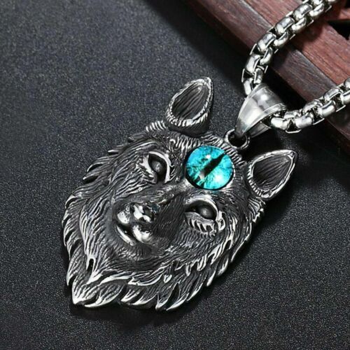 Mens Spiritual Evil Eye Wolf Head Pendant Necklace Stainless Steel Chain Gift