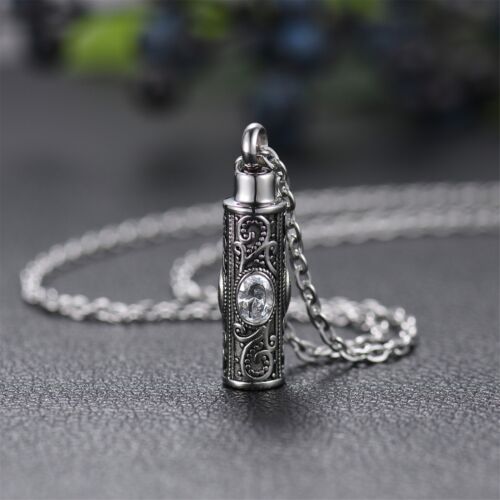 Embossed Cylinder Crystal Urn Necklace Ashes Keepsake Memorial Cremation Jewelry