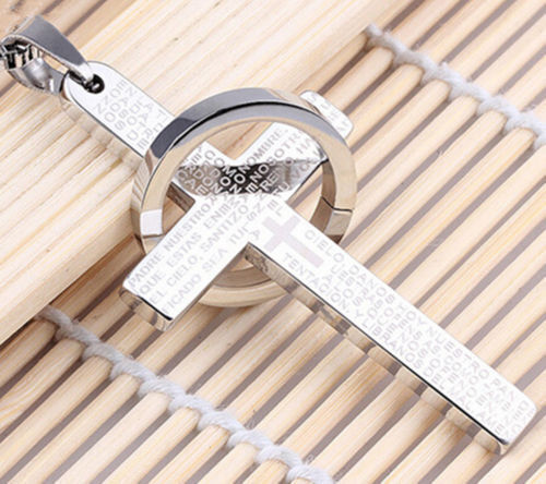 Men Stainless Steel Bible Lords Prayer Cross Pendant Charm Lucky Necklace-Silver