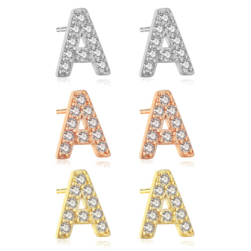 925 Sterling Silver CZ A-Z Alphabet 26 Initial Letter Stud Earrings Jewelry