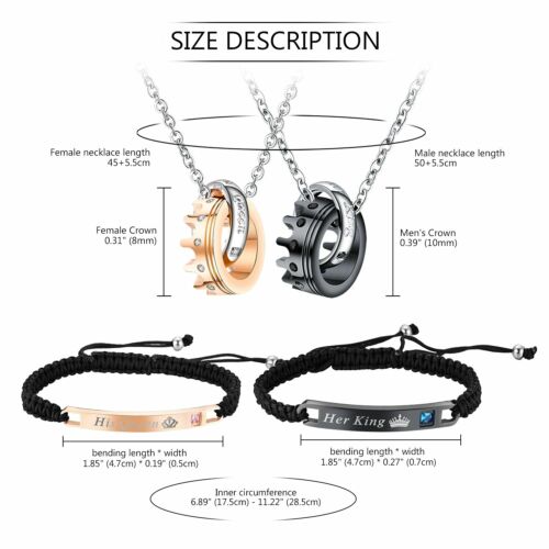 His Queen Her King Bracelet Crown Ring Matching Necklace Couples Jewelry Set