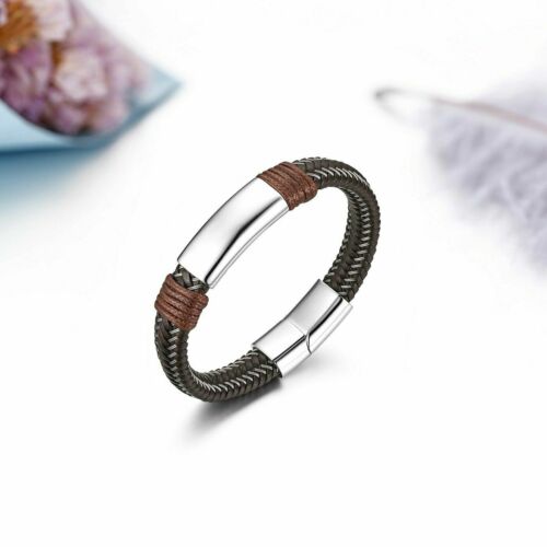 Men's Weave Leather Bracelet Bangle Cuff Stainless Steel Magnetic Buckle Jewelry