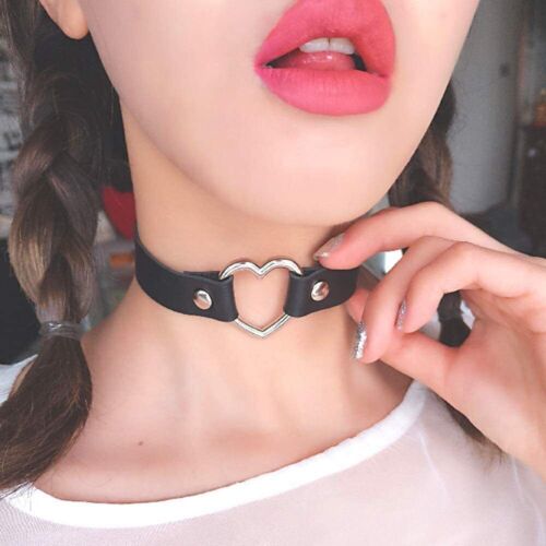 Leather Choker Necklace Adjustable Heart Chain Neck Collar Goth Punk Jewelry