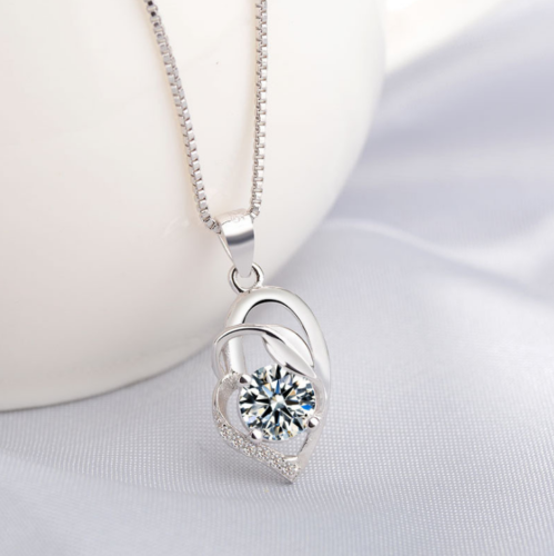 Sterling Silver Leaf Amethyst Heart Cubic Zirconia CZ Pendant Chain L11