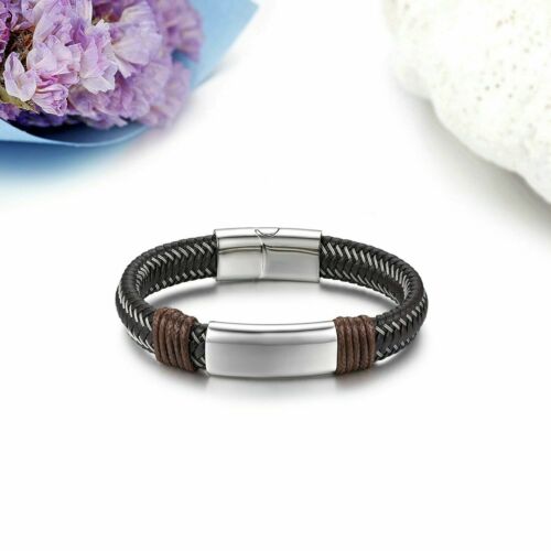 Men's Weave Leather Bracelet Bangle Cuff Stainless Steel Magnetic Buckle Jewelry