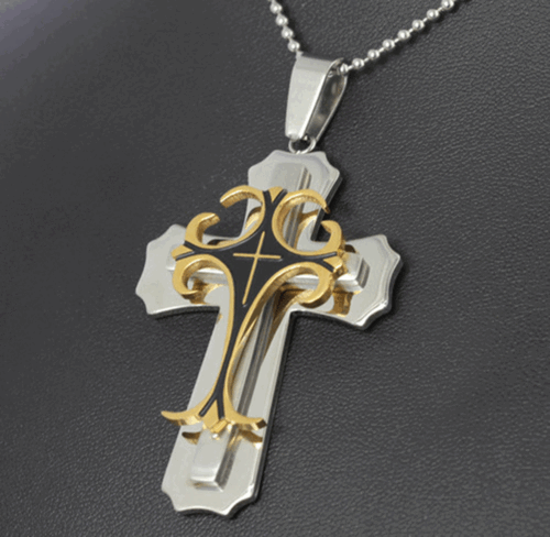 Cross Pendant Necklace Stainless Steel Crucifix Cuban Gold Black Men