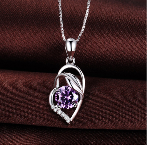 Sterling Silver Leaf Amethyst Heart Cubic Zirconia CZ Pendant Chain L11