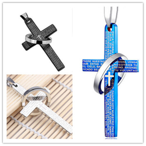 Men Stainless Steel Bible Lords Prayer Cross Pendant Charm Lucky Necklace-Blue