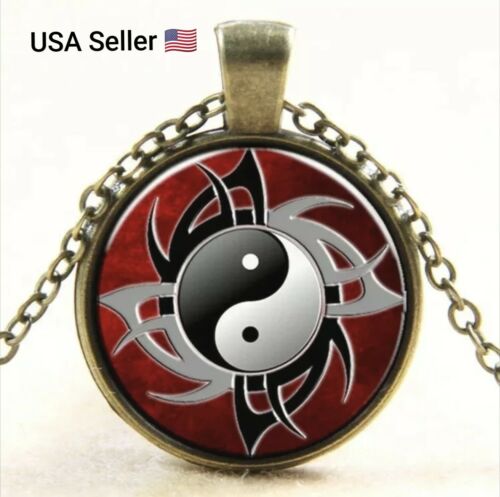 Round Black White Yin Yang Necklace Pendant Zen Jewelry Bronze Fashion