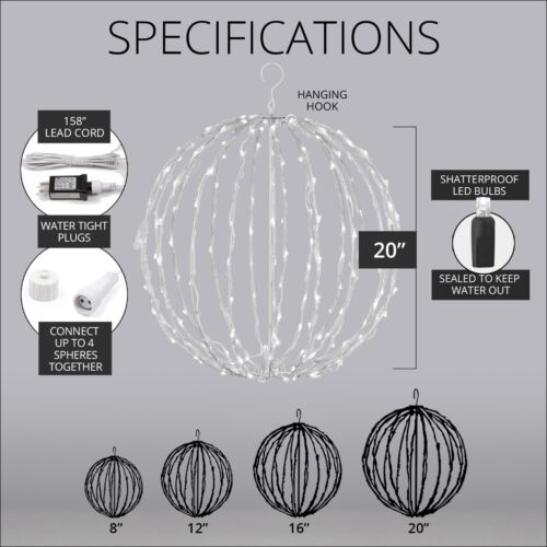 Hanging LED Light Balls Christmas Patio Garden Decoration White Frame, 6 Colors