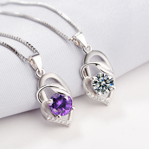 Sterling Silver Leaf Amethyst Heart Cubic Zirconia CZ Pendant Chain L11