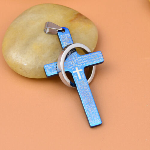 Men Stainless Steel Bible Lords Prayer Cross Pendant Charm Lucky Necklace-Blue