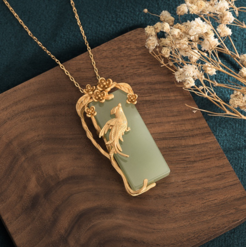 Jade Gem Jewelry Phoenix Bird Charm Pendant With Chain Necklace 18K Gold Plated