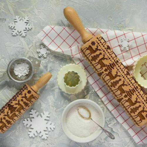 Christmas Wooden Rolling Pin DIY 3D Carved Embossing Roller Cookies Making USA