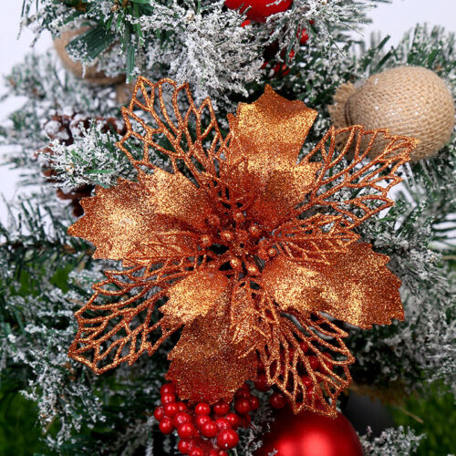 Glitter Christmas Poinsettia Hanging Flowers Xmas Party Tree Decoration