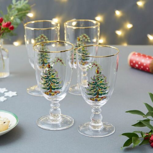 Christmas Tree 16 Ounces Pedestal Goblets with Gold Rims, Set of 4