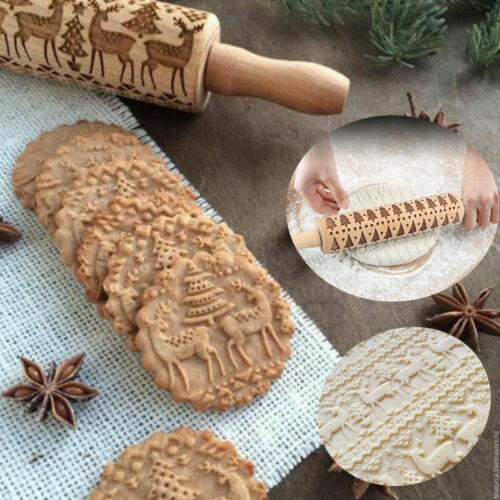 Christmas Wooden Rolling Pin DIY 3D Carved Embossing Roller Cookies Making USA